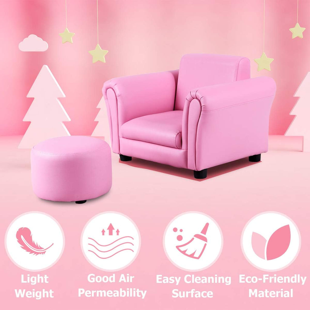 Costzon Kids Couch with Footstool, Children's Sofa with ASTM & CPSIA w/PU Leather Surface, Mini Armrest Chair Lounge, Soft Kids Sofa for Preschool Bedroom Kids Room Toddlers Boys Girls Birthday (Pink)