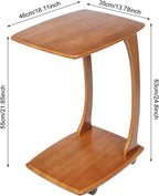 C Shaped Side Table for Couch, Solid Wood End Table with Rolling Wheels, Sofa Table That Slide Under for Small Space Living Room, Bedroom Laptop Work Desk (Walnut)
