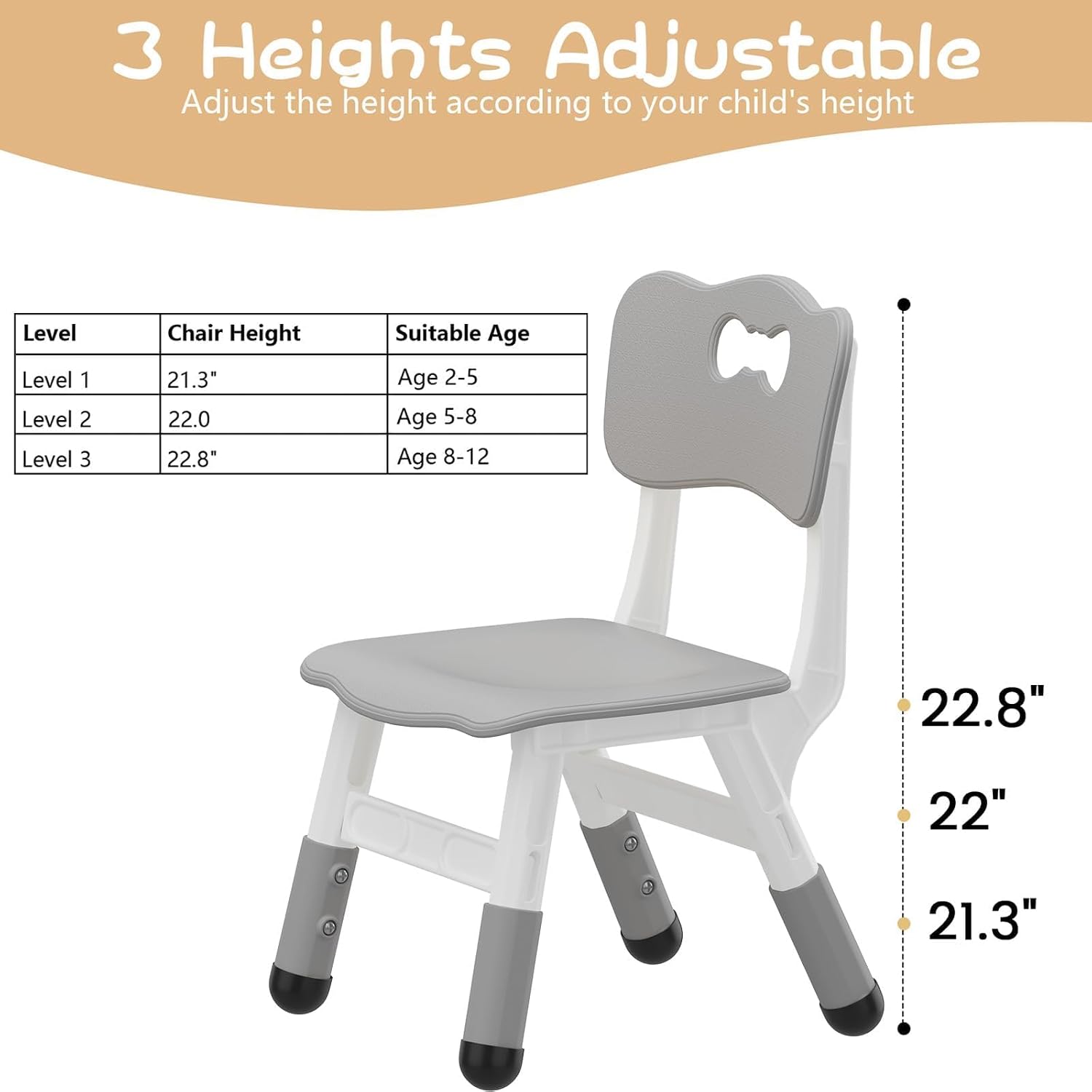 2-Pack Height-Adjustable Kids Plastic Chairs – Ergonomic Backrest, Non-Slip Feet,Durable, 82Kg Weight Capacity – for Home, Kindergarten, Classroom & Activities