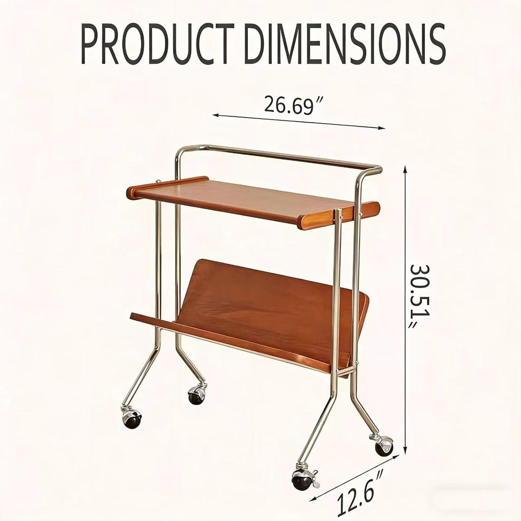 Retro Rolling Side Table, Solid Wood Movable Cart with Storage Shelf, Versatile End Table for Sofa, Bedside, or Living Room (Vintage)