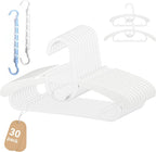 30 Pack Baby Hangers Adjustable for Infant to Children Kids Clothes Hangers - Thick Plastic Non-Slip Stackable Space Saving Nursery Toddler Pants Bar Closet Organizer White