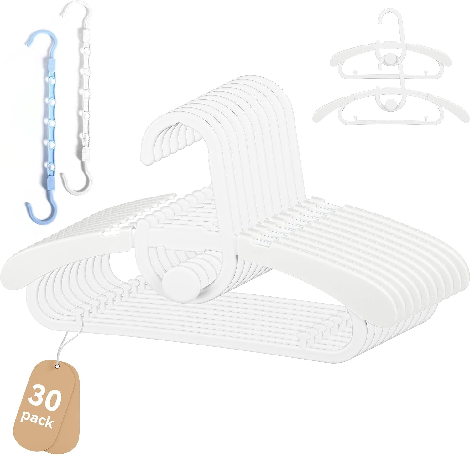 30 Pack Baby Hangers Adjustable for Infant to Children Kids Clothes Hangers - Thick Plastic Non-Slip Stackable Space Saving Nursery Toddler Pants Bar Closet Organizer White