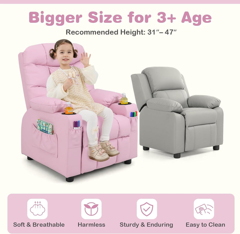 Kids Recliner, Kids Recliner Chair w/ 2 Cup Holders, PU Leather Chairs Comfy w/Adjustable Backrest & 3 Pockets, Toddler Furniture Sofa for Boys Girls Aged 3+