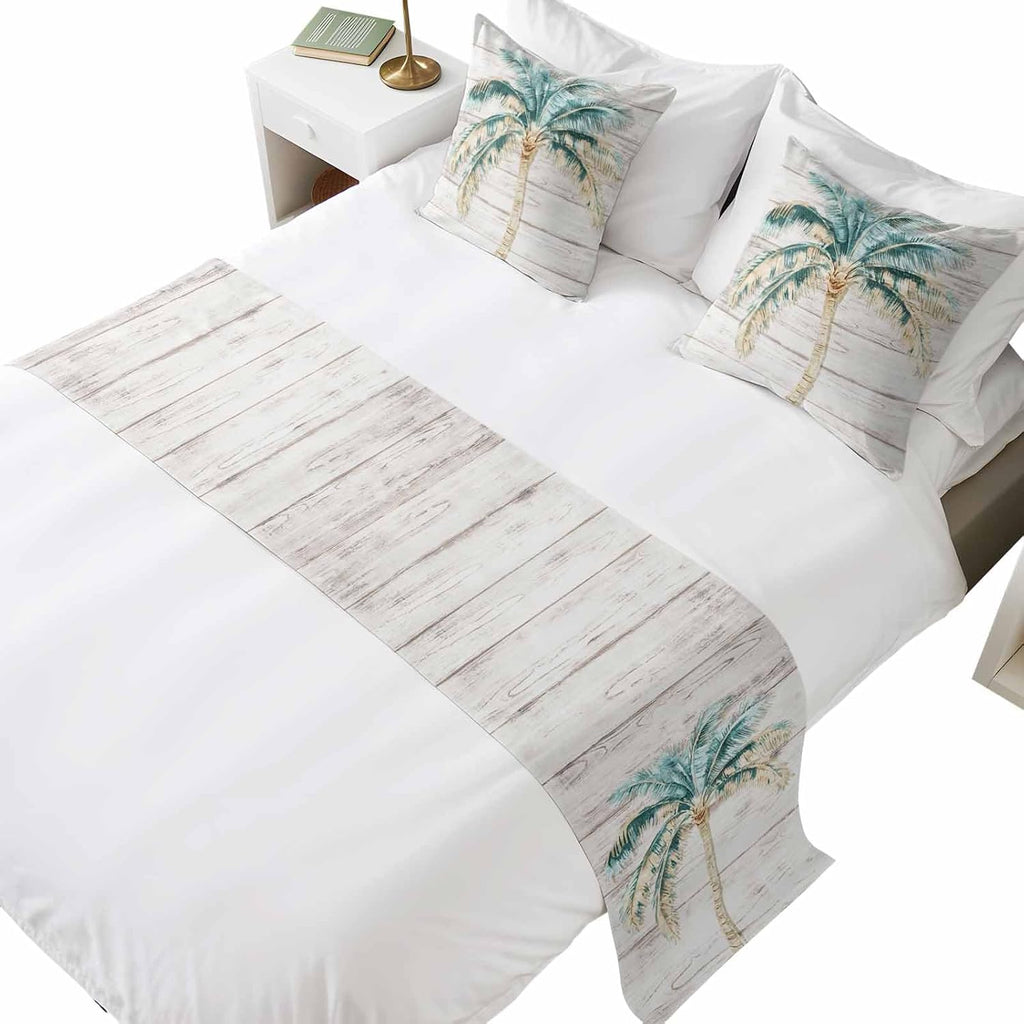 Beige Palm Trees Bed Runners for Full/Queen Size Bed, Summer Tropical Coastal Wooden Bedroom Hotel Wedding Room Bedding Scarf Protector Beds Scarves Throw for Foot and Pillowcase Set 18x18in