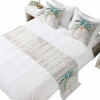 Beige Palm Trees Bed Runners for Full/Queen Size Bed, Summer Tropical Coastal Wooden Bedroom Hotel Wedding Room Bedding Scarf Protector Beds Scarves Throw for Foot and Pillowcase Set 18x18in
