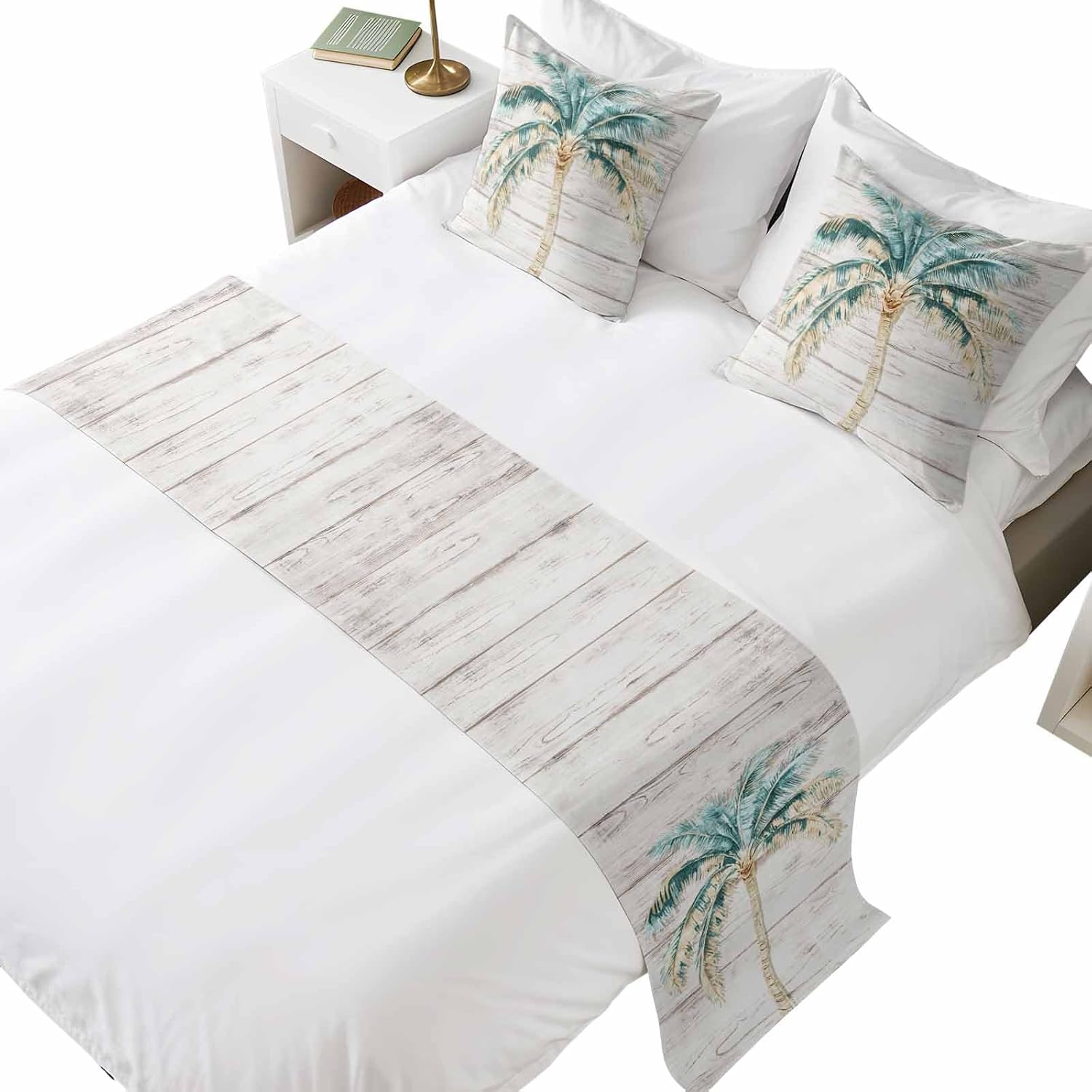 Beige Palm Trees Bed Runners for Full/Queen Size Bed, Summer Tropical Coastal Wooden Bedroom Hotel Wedding Room Bedding Scarf Protector Beds Scarves Throw for Foot and Pillowcase Set 18x18in