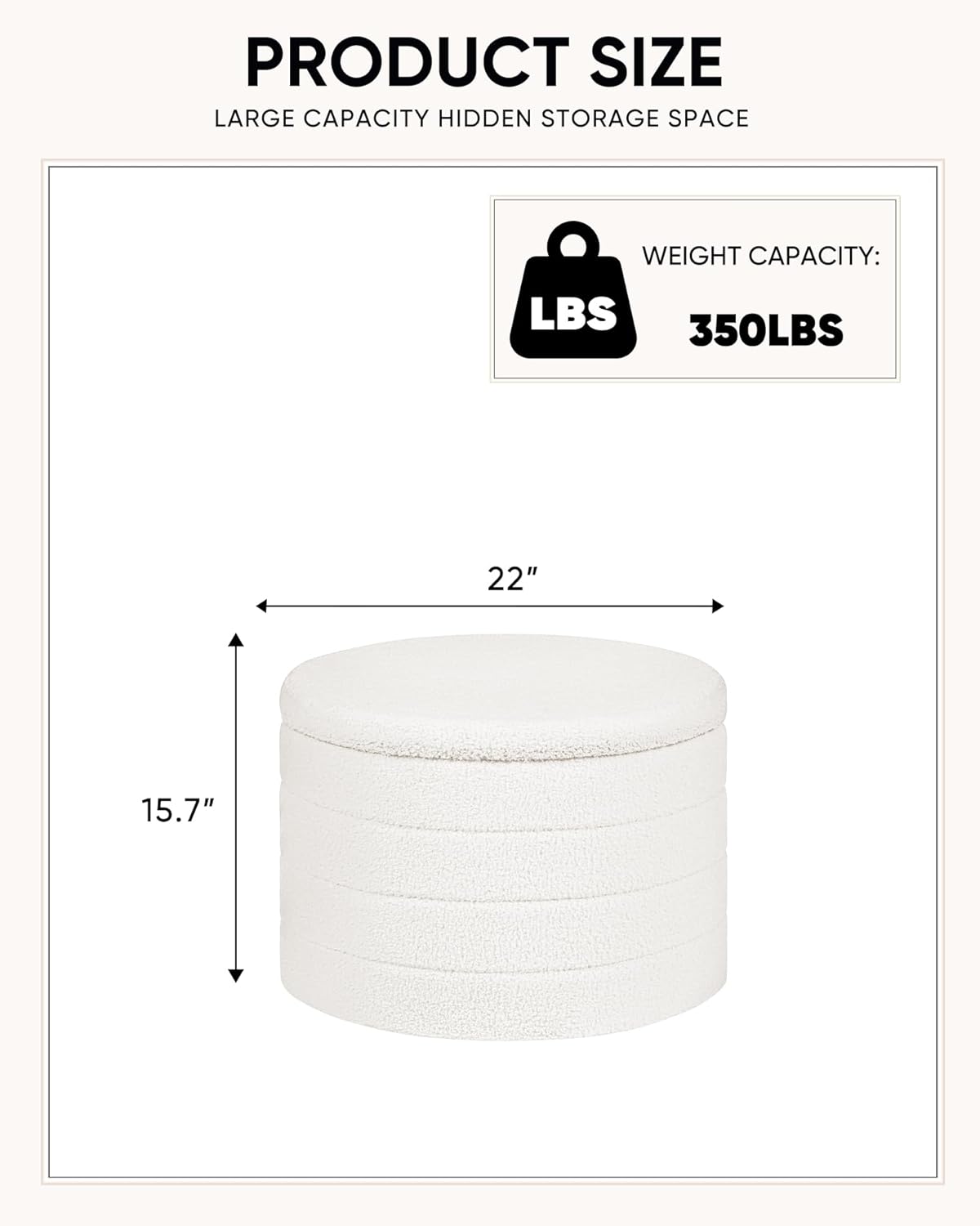 22 Inch Round Boucle Ottoman with Storage, Sherpa Teddy Fabric Ottoman Footstool, Folding Storage Foot Rest for Bedroom, Living Room Dorm, White