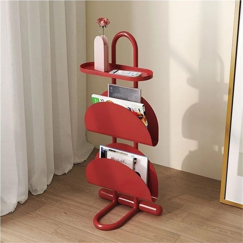 Narrow Side Table for Small Spaces with Magazine Holder, Metal Slim Side Table, Vintage 3 Tier Skinny Nightstand, Floor-Standing Magazine Rack for Living Room, Study, Balcony(Red)