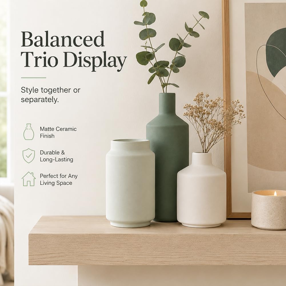 Modern 3 Piece Ceramic Vase Set - Minimalist Home Decor Vases for Living Room, Bedroom, or Entryway - Modern Neutral Table Decor for Flowers or Greenery, Shelf and Mantel Accent