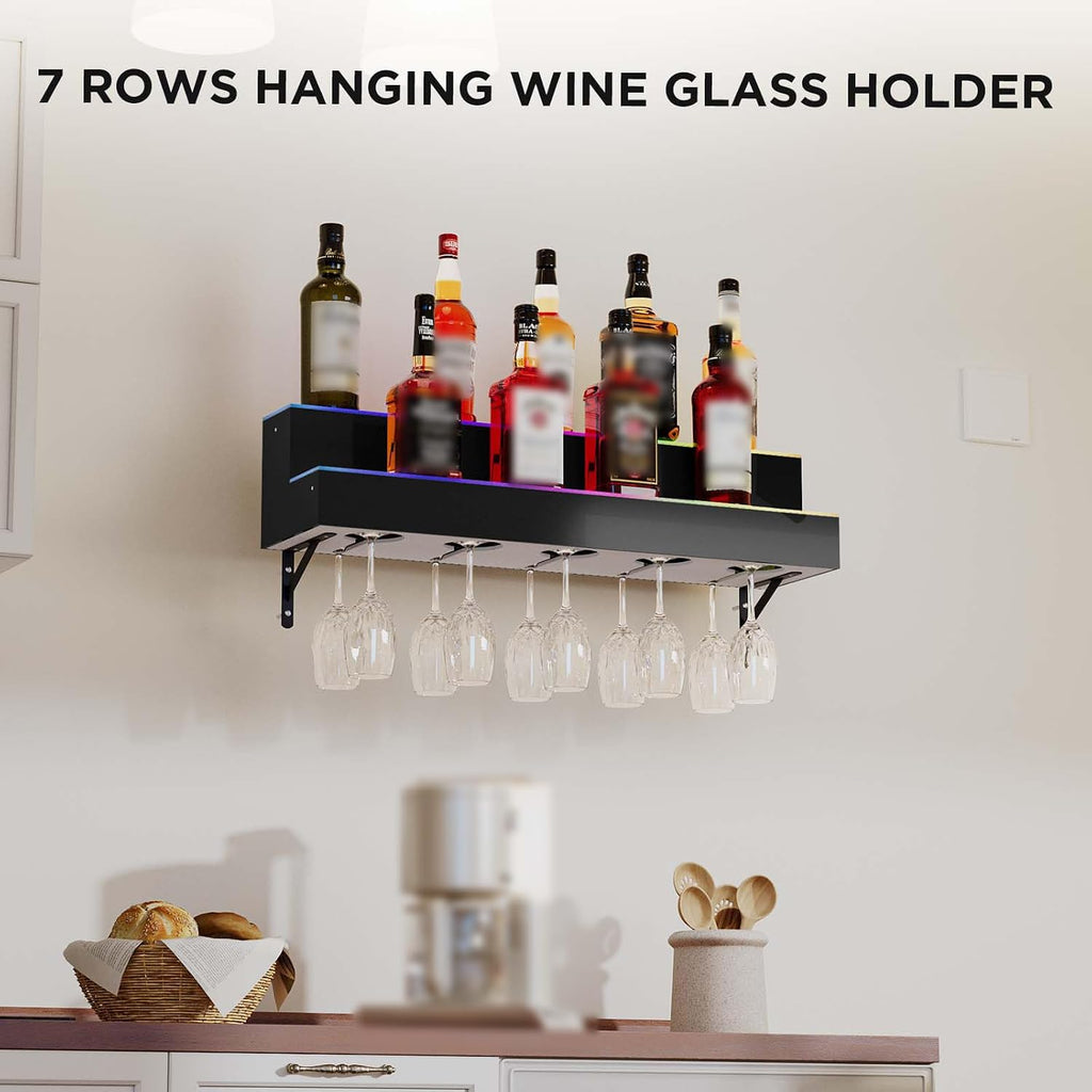 Dethan 2 Tier 32 Inch LED Lighted Liquor Bottle Display Shelf - Wall-Mounted Wine Rack with Multi-Color App & Remote Control, Adjustable Brightness & Sound Modes, Acrylic Bar Shelf for Commercial Club