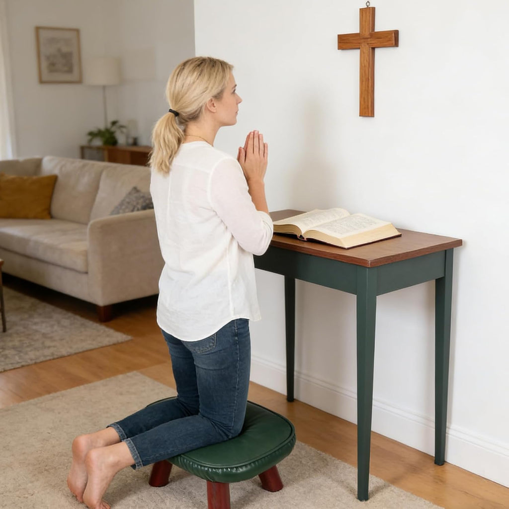 Prayer Kneeler with PU Leather Cushion, Wooden Prayer Bench with Solid Wood Legs, Thick Padded Kneeling Stool for Home Prayer & Meditation