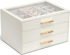 VLANDO Jewelry Box for Women, Glass Lid Jewelry Organizer with 3 Drawers for Necklaces Rings Earrings Bracelets Mother Day Gift for Mom - Cloud White