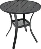 Metal 27.5" Small Outdoor Patio Round Dining Table with Black Slat Top | Black Slat Top, Black Frame, All Weather, No Umbrella Hole, 2 Person Use, Weather-Resistant