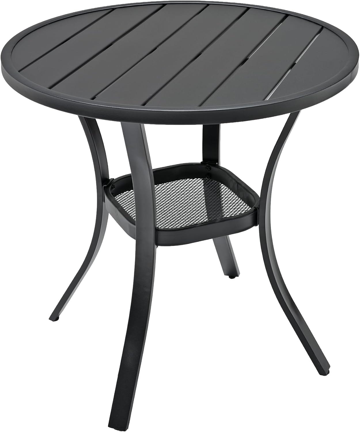Metal 27.5" Small Outdoor Patio Round Dining Table with Black Slat Top | Black Slat Top, Black Frame, All Weather, No Umbrella Hole, 2 Person Use, Weather-Resistant