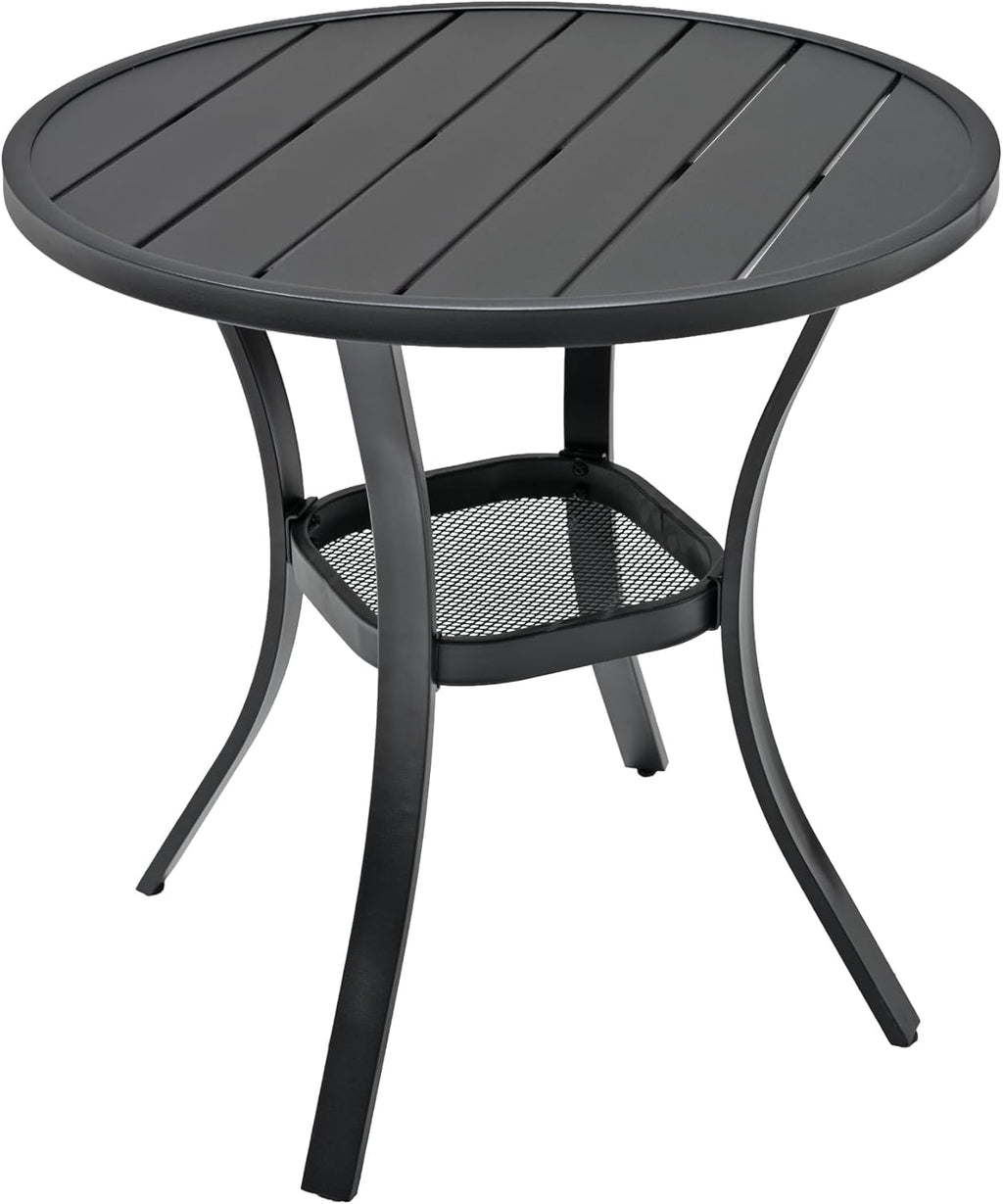 Metal 27.5" Small Outdoor Patio Round Dining Table with Black Slat Top | Black Slat Top, Black Frame, All Weather, No Umbrella Hole, 2 Person Use, Weather-Resistant