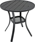 Metal 27.5" Small Outdoor Patio Round Dining Table with Black Slat Top | Black Slat Top, Black Frame, All Weather, No Umbrella Hole, 2 Person Use, Weather-Resistant