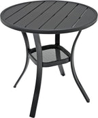 Metal 27.5" Small Outdoor Patio Round Dining Table with Black Slat Top | Black Slat Top, Black Frame, All Weather, No Umbrella Hole, 2 Person Use, Weather-Resistant
