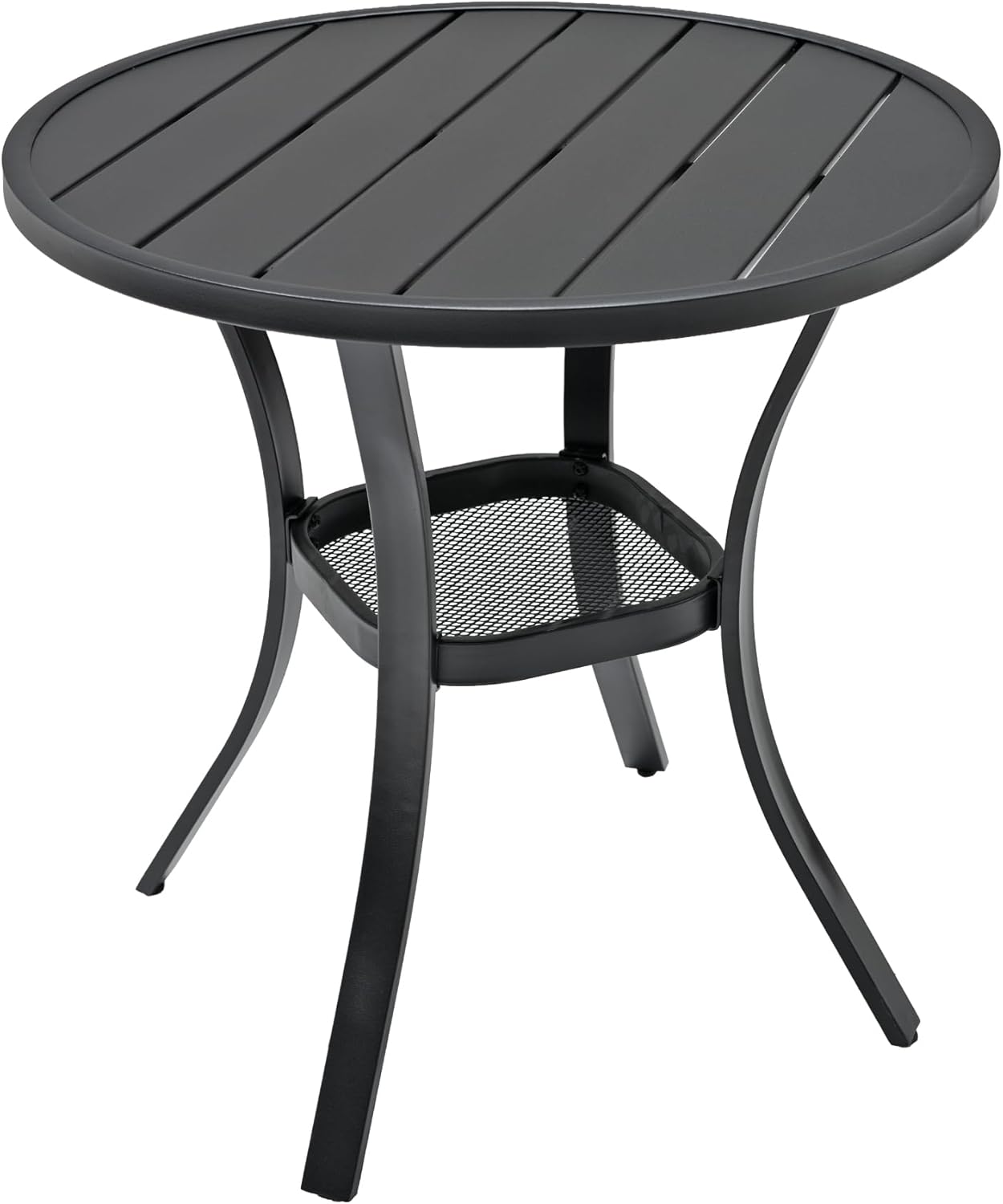 Metal 27.5" Small Outdoor Patio Round Dining Table with Black Slat Top | Black Slat Top, Black Frame, All Weather, No Umbrella Hole, 2 Person Use, Weather-Resistant