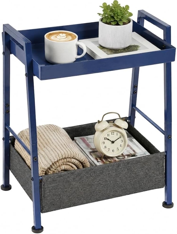 Small End Table with Fabric Storage Basket, 2-Tier Modern Metal Side Table with Tray Top, Unique Side Tables, Cute Coffee Table for Living Room, Bedroom, and Small Spaces, Navy Blue
