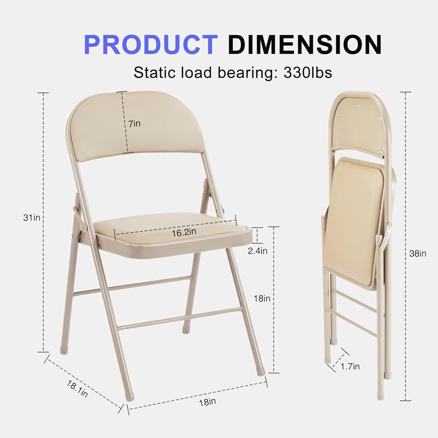 Folding Chairs 2 Pack, Portable Stackable Commercial Chair, Indoor Outdoor Padded Leather Chair with Sturdy Metal Frame, for Home, Office, or Party Events. (Kahki, 2 Pack)