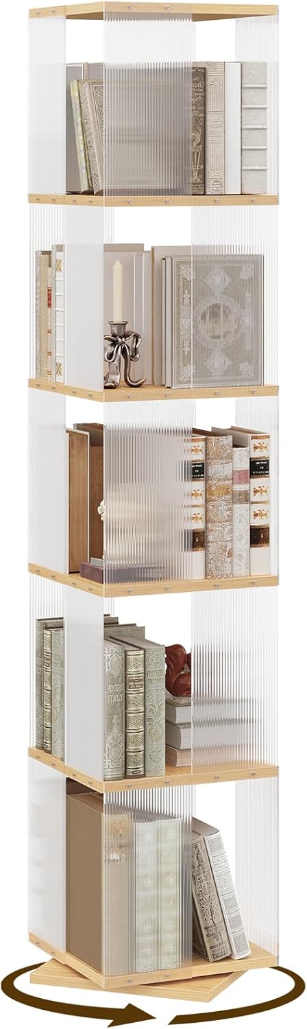 YATINEY 5-Tier Rotating Bookshelf, 360 Spinning Bookcase Tower, Corner Bookshelf with Clear Acrylic Sides, Tall Narrow Space-Saving Bookcase for Bedroom, Living Room, Office, Square, Natural SJ13WN