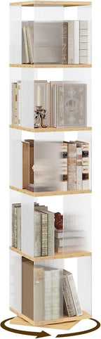 YATINEY 5-Tier Rotating Bookshelf, 360 Spinning Bookcase Tower, Corner Bookshelf with Clear Acrylic Sides, Tall Narrow Space-Saving Bookcase for Bedroom, Living Room, Office, Square, Natural SJ13WN
