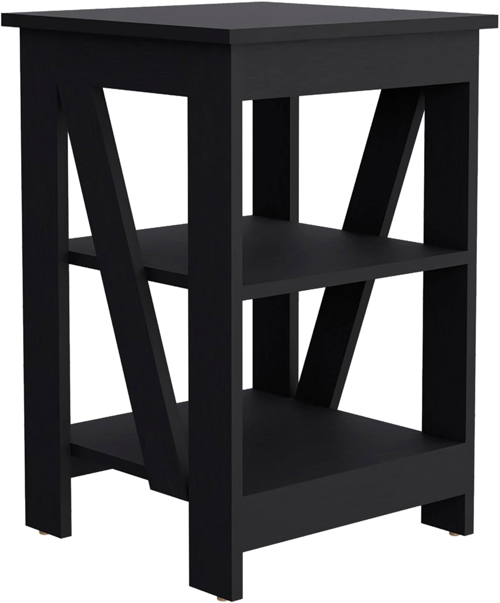 3-Tier End Table Modern Design: Black Wooden Side Table with Slanted Support - Compact 15.7x15.7 Inch for Small Studio Office & Workspace Storage Solution