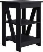 3-Tier End Table Modern Design: Black Wooden Side Table with Slanted Support - Compact 15.7x15.7 Inch for Small Studio Office & Workspace Storage Solution