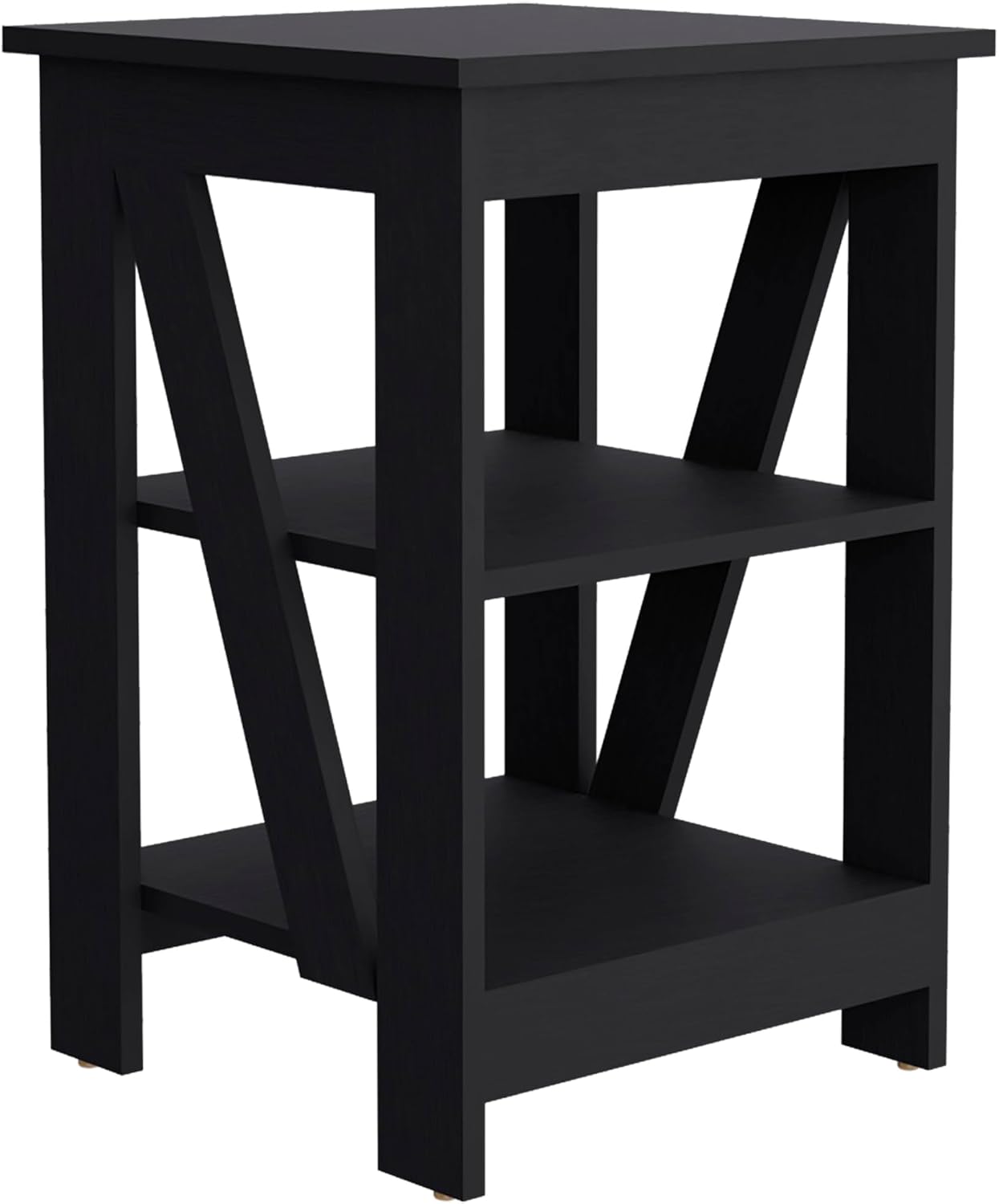 3-Tier End Table Modern Design: Black Wooden Side Table with Slanted Support - Compact 15.7x15.7 Inch for Small Studio Office & Workspace Storage Solution