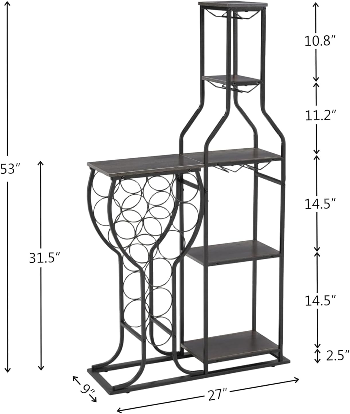 5-Tier Wine Rack Freestanding Floor, 11 Bottles Modern Wooden Wine Holder-Storage Cabinet for Home Bar, Kitchen, Dining Room Space Saving Bar Stand with Easy Assembly. (Black/Gray)