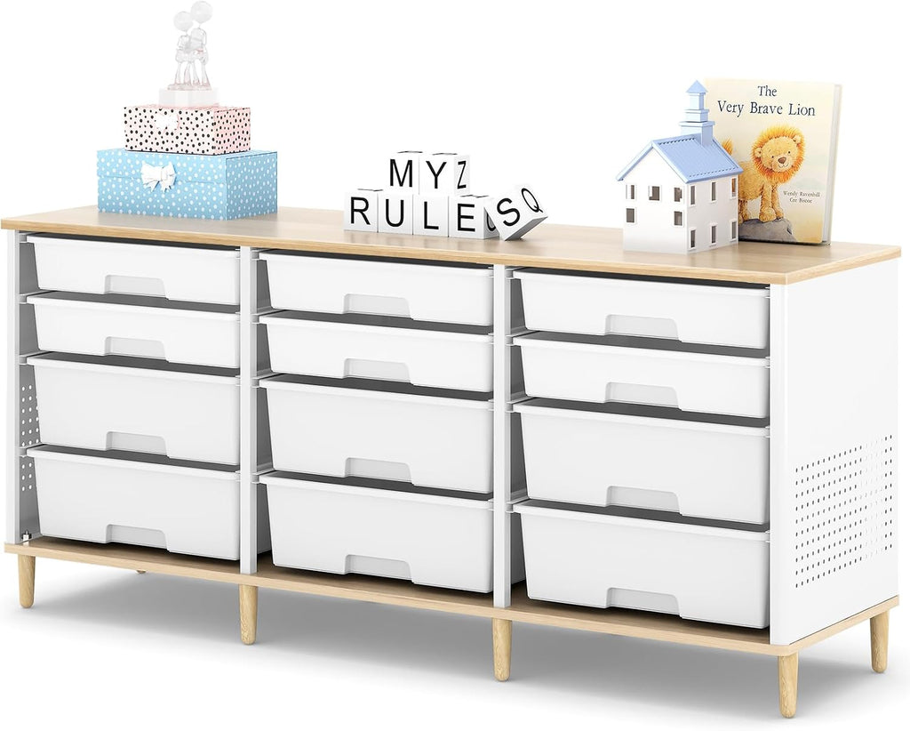 TOOLF 12 Drawers Storage Cabinet with Wooden Top and Plastic Bins, White | Toy Shelf Storage Chest Cubby Organizer, for Home, Office, Playroom, Classroom & Craft Room
