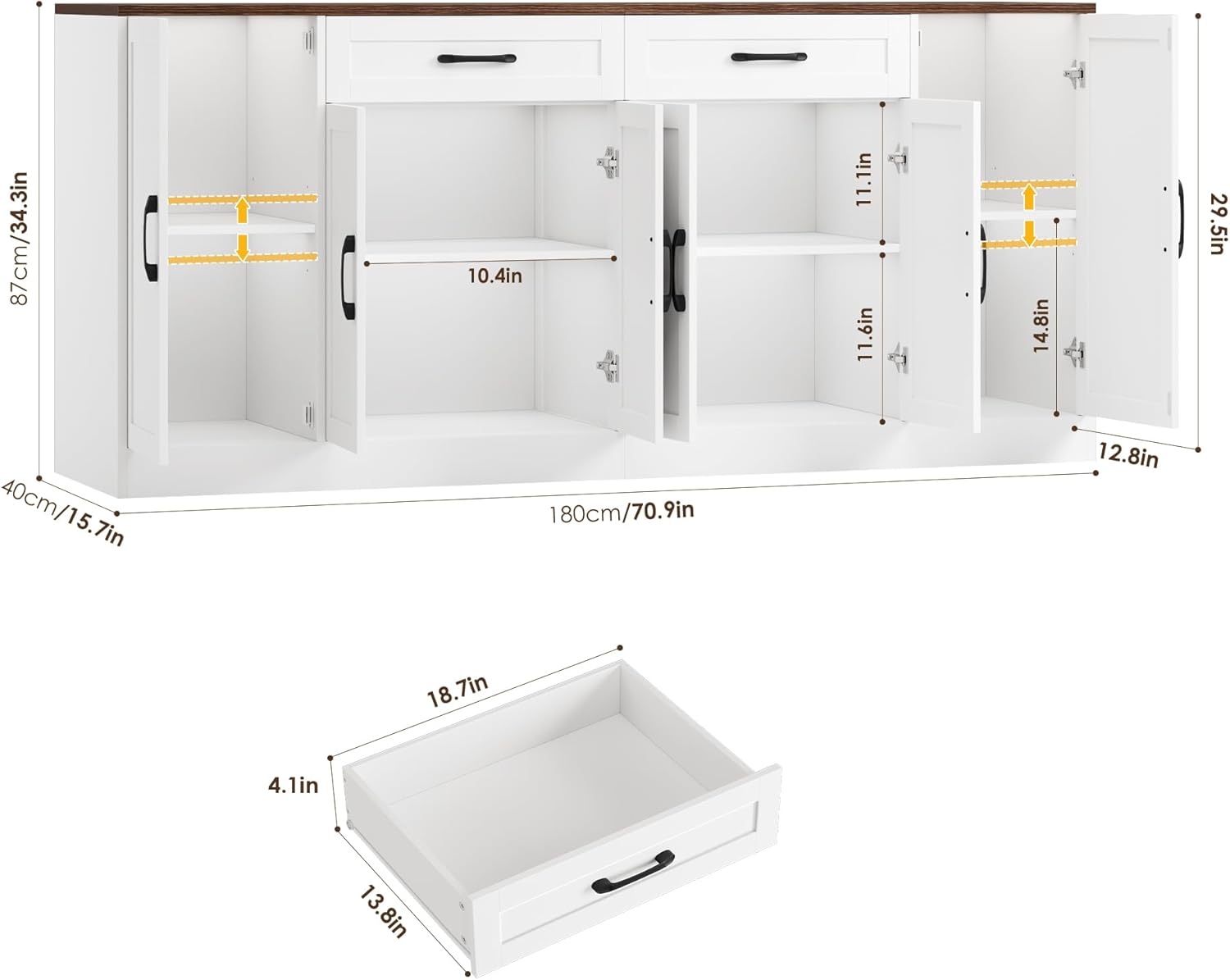 BOTLOG 71” Large Buffet Cabinet with Storage, Sideboard Buffet Cabinet with Adjustable Shelves and 6 Soft-Close Doors, Wood Coffee Bar Console Table for Kitchen, Dining Room, White