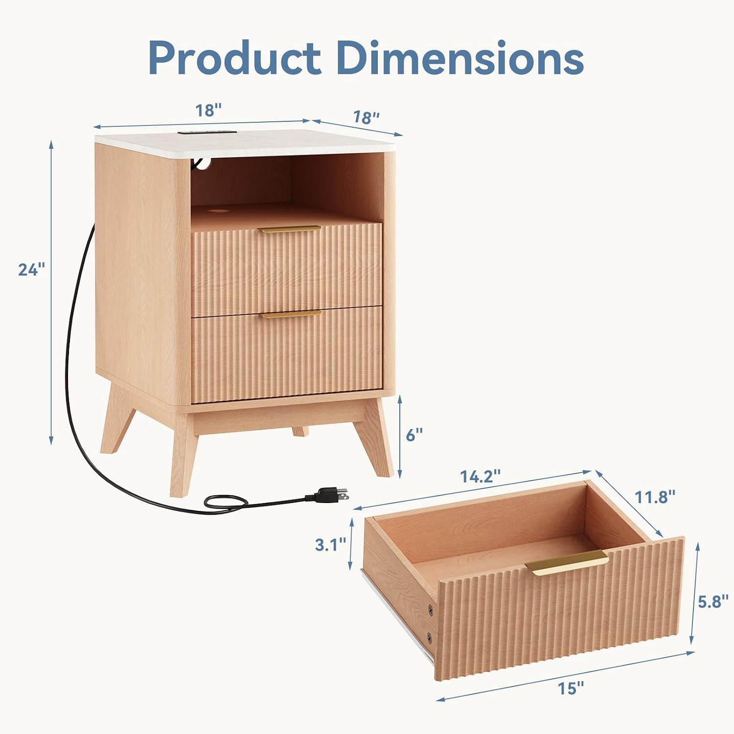 DUMOS Nightstand with Built-in Charging Station Set of 2, 18" Bedside Table with Faux Marble Top, Fluted Solid Wood End Table with 2 Drawers, Modern Compact Night Stand for Bedroom, Natural Oak