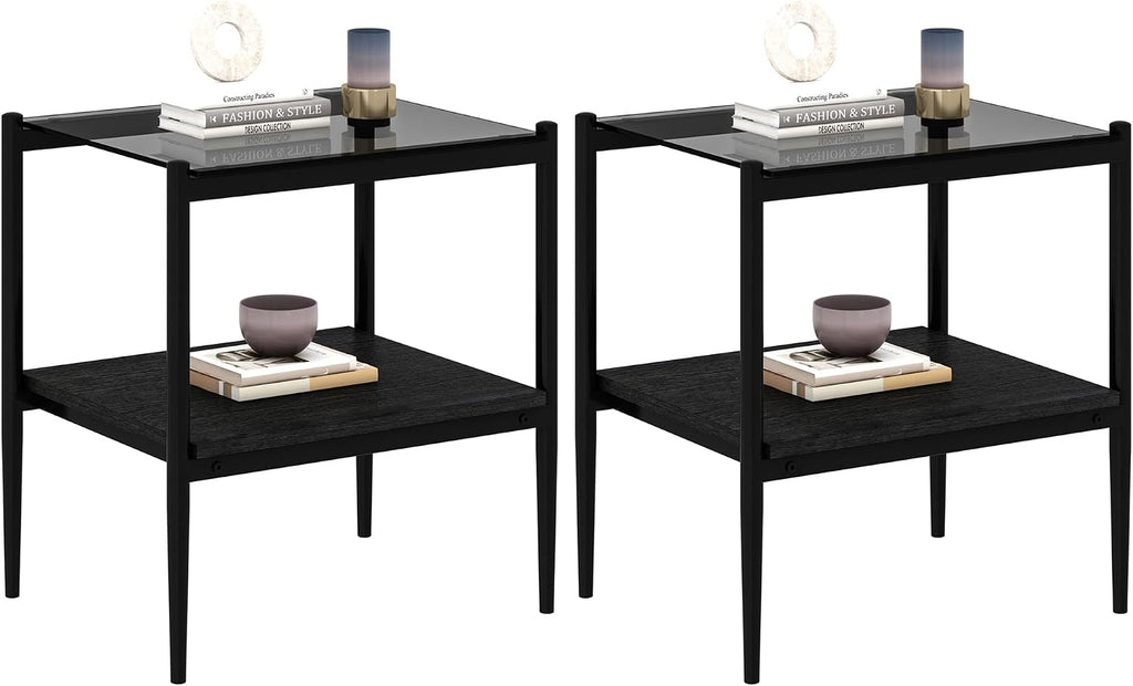 Set of 2 Rectangle End Tables, Modern Living Room Glass End Table Side Tables with Tempered Glass Top and MDF Base, Gray