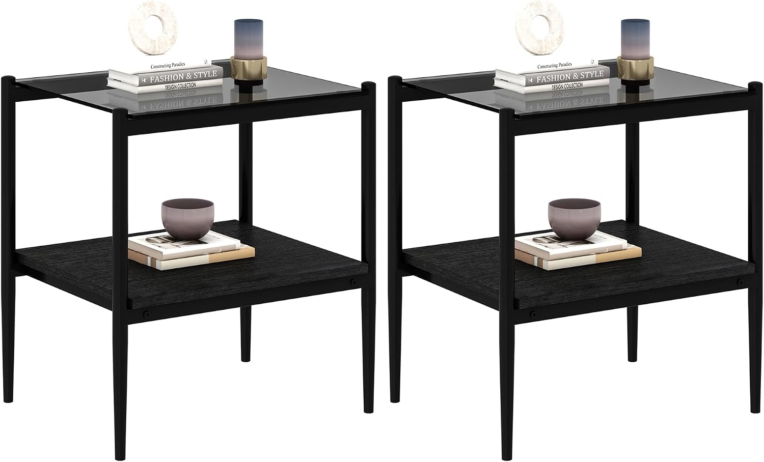 Set of 2 Rectangle End Tables, Modern Living Room Glass End Table Side Tables with Tempered Glass Top and MDF Base, Gray