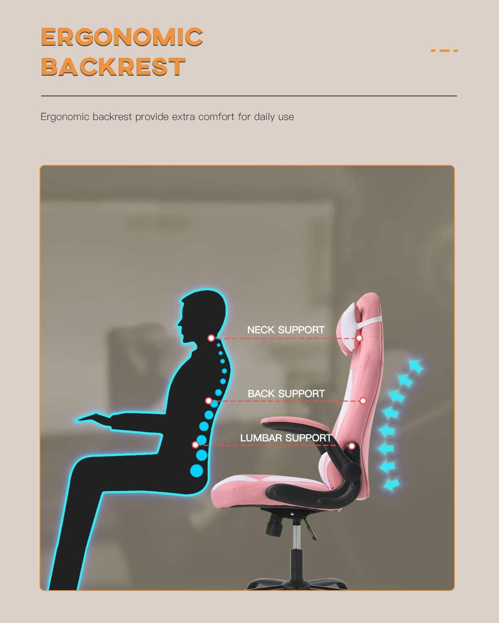PC Gaming Chair Video Game Chair， Racing Style Office High Back Desk Executive PU Leather Rolling Task Swivel Computer with Lumbar Support Headrest,Pink