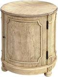 Beaumont Lane 20" W Drum Side Table, Poplar Hardwood and Cherry Veneer, Beige Finish, Traditional Style with Storage Shelf, Decorative Floral Applique, Ideal for Living Room, Office or Bedroom Use