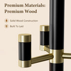 Solid Wood Freestanding Coat Rack with 6 Gold Metal Hooks, Heavy-Duty Freestanding Coat Stand for Coats, Hats, and Bags, Coat Racks for Bedroom, Entryway, and Living Room (Black)