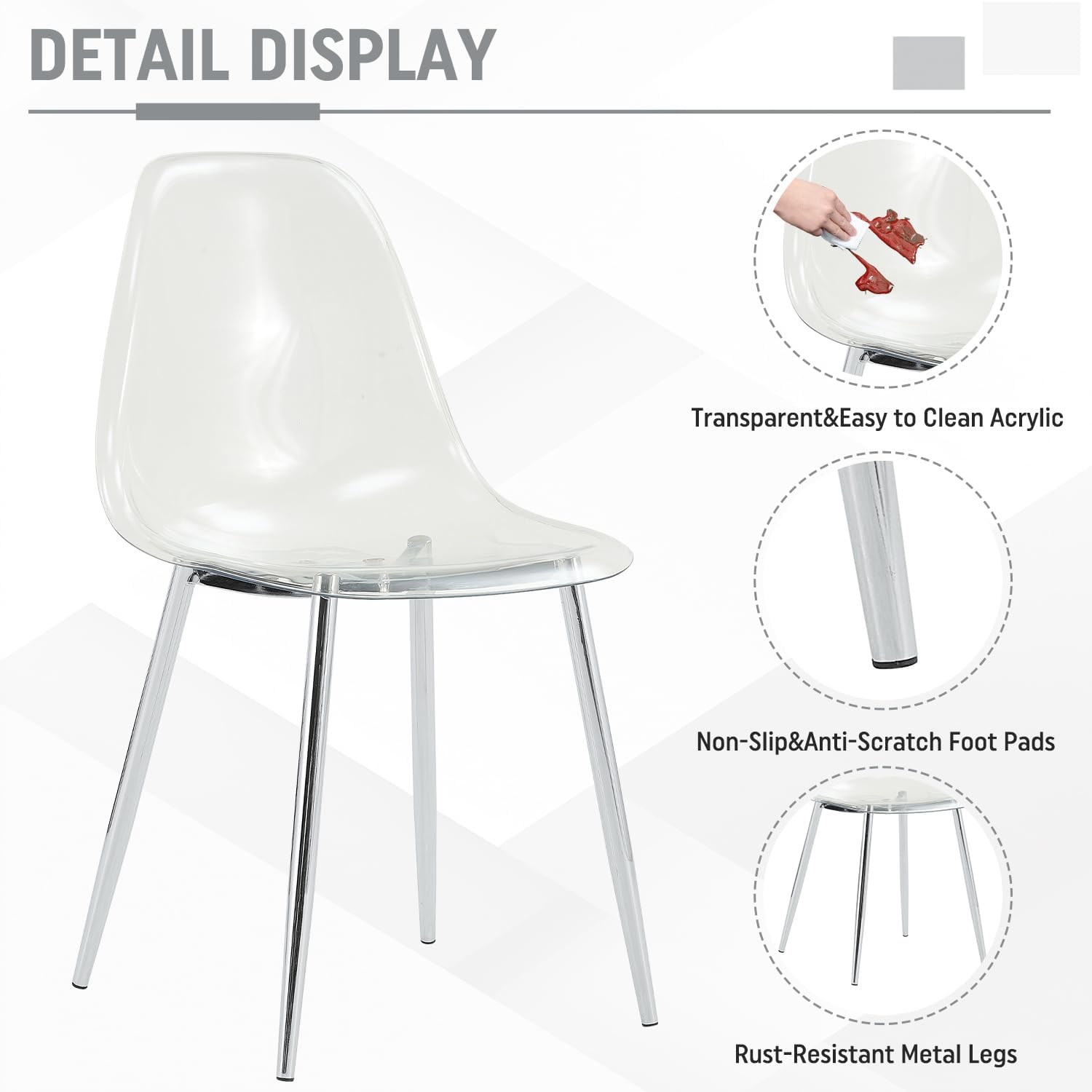 Round Dining Table Set for 6, 47" Clear Tempered Glass Table with Sliver Metal Legs and 6 Transparent Acrylic Chairs, Compact Modern Kitchen Table Set for Small Space Dining Room (Sliver)