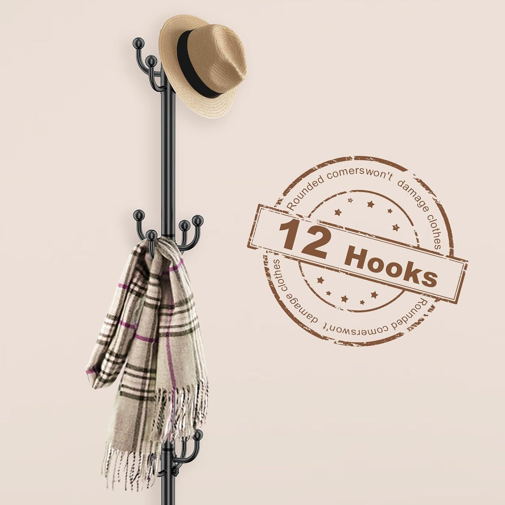 Coat Rack Freestanding, Coat Rack Stand with Umbrella Holder, Coat Tree, Coat Hanger Stand with 12 Hooks for Clothes Bag Hats, Hat Rack Hall Tree Coat Hanger Umbrella Stand for Entryway