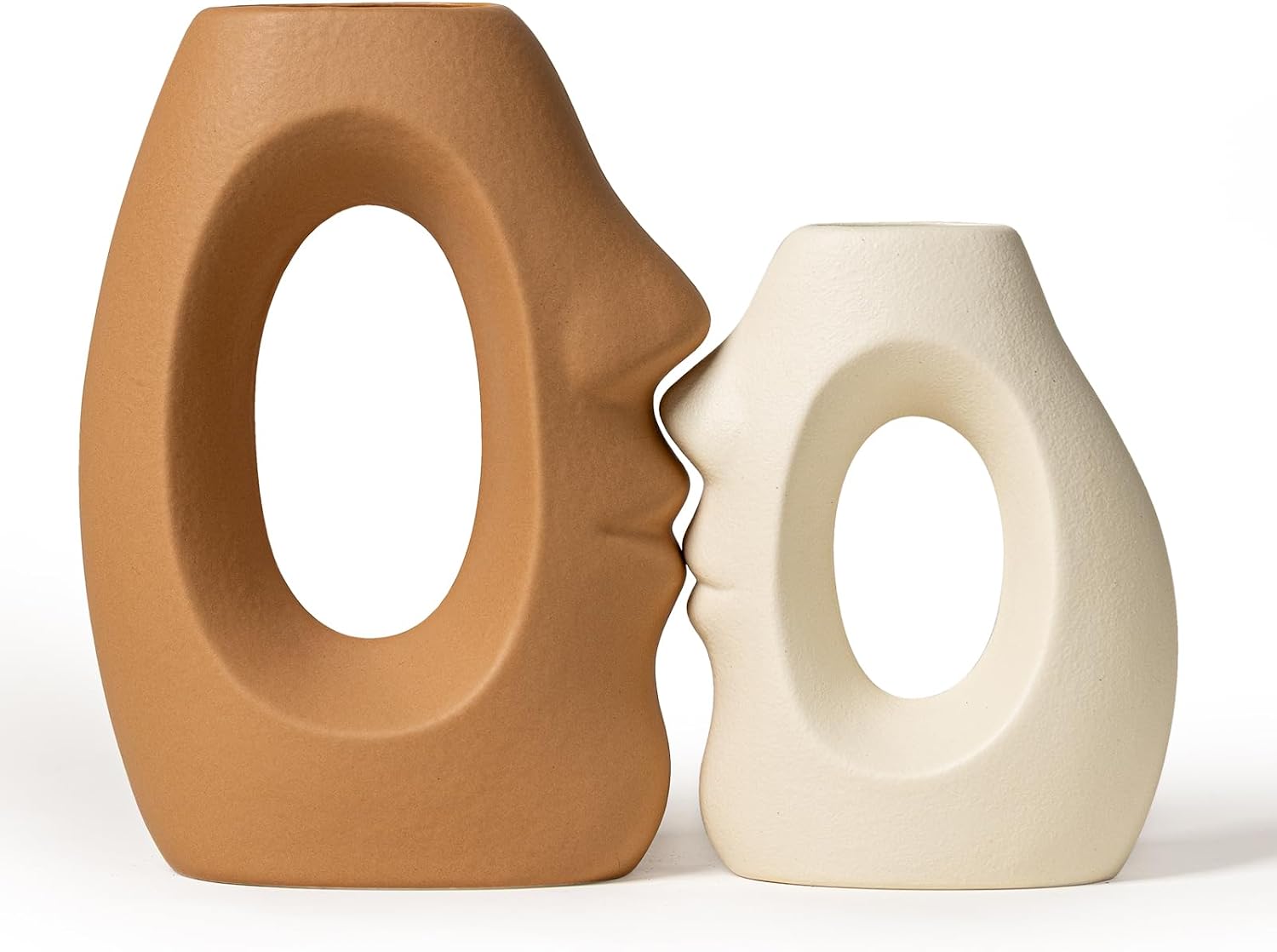 Beige & Brown Ceramic Vases for Home Decor, Modern Abstract Face Vase Set of 2, Unique Boho Flower Vases for Living Room, Office, Entryway, Wedding for Couple, Home Gifts for Friends