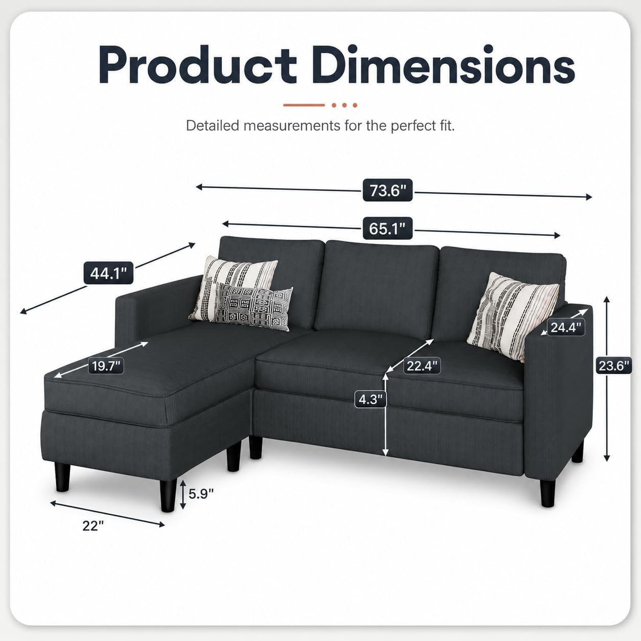 73.6" Convertible Sectional Sofa Couch with Reversible Ottoman, Modern 3-Seater L-Shaped Couch for Small Spaces, Compact Sofa for Studio Apartment, Living Room & Office, Easy Assembly (Gray)