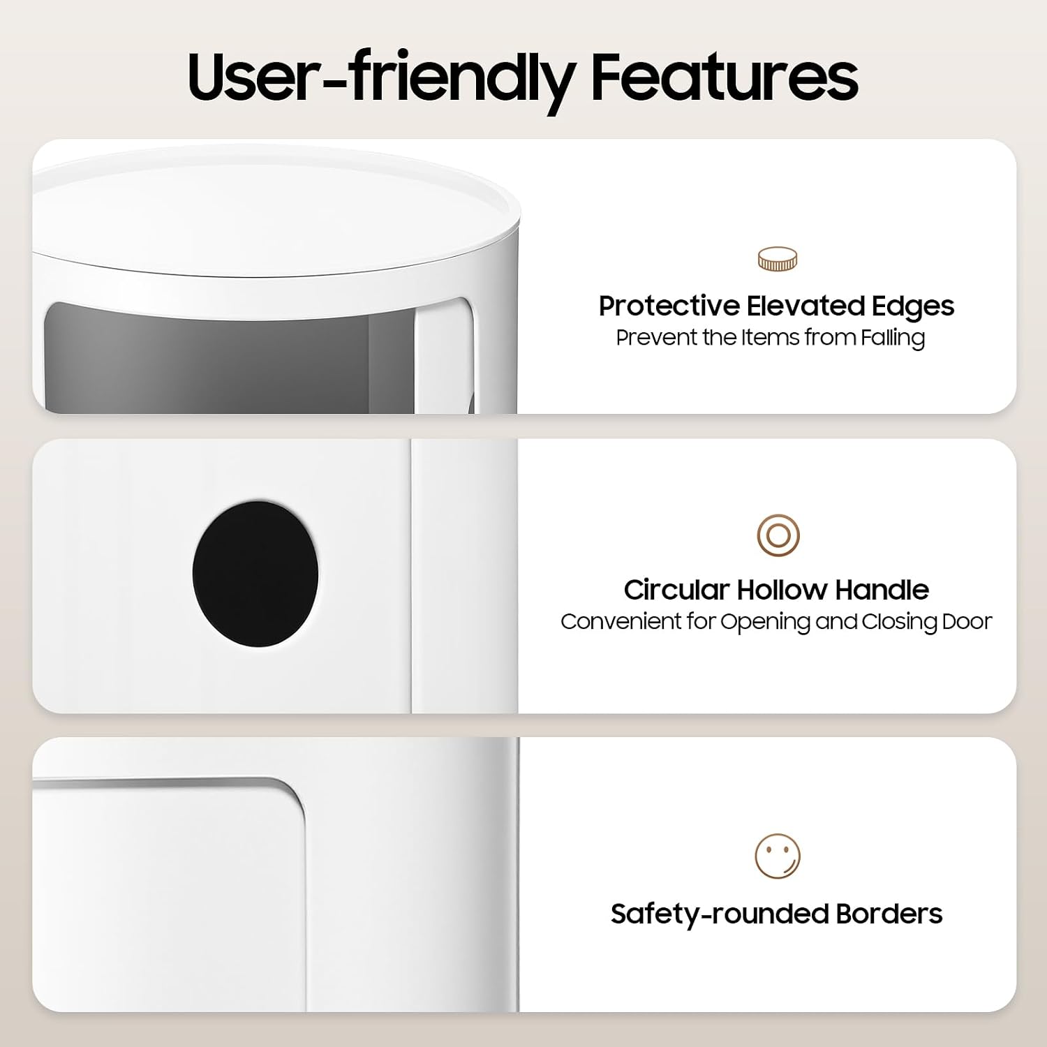 3-Tier Round Nightstand with Doors, Modern White ABS Bedside Table with Storage Drawers, Round Side Table for Bedroom, Living Room, 12.5" Diameter x 22.8" High