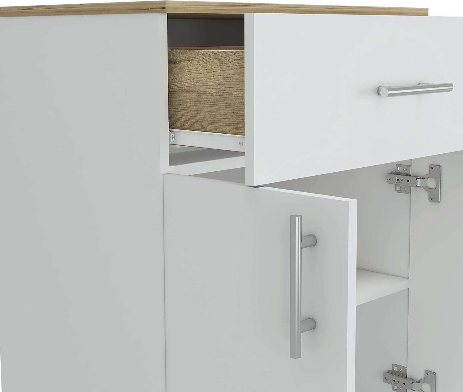 23.6" D*15.9" W*33.5" H Freestanding Storage Cabinet with Dawer & Shelf, Double Door, Natural Wood Top, Rectangular Kitchen Pantry, Modern Minimalist, for Living Room, Dining Room, White