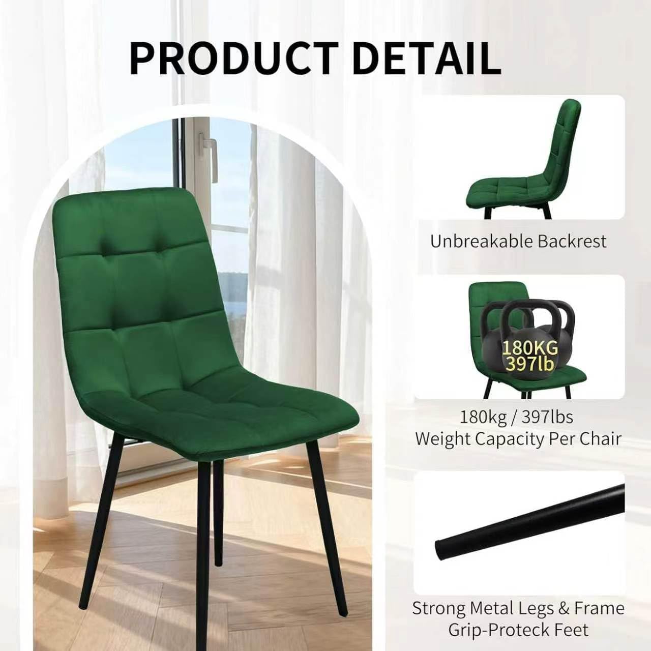 Velvet Dining Chairs Set of 4, Modern Fabric Upholstered Dining Room Kitchen Chair 4pcs Velvet Kitchen Chairs, Mid Century Dinning Dinner Chairs for Living Room,Bedroom (Green, Non-Swivel Chair)