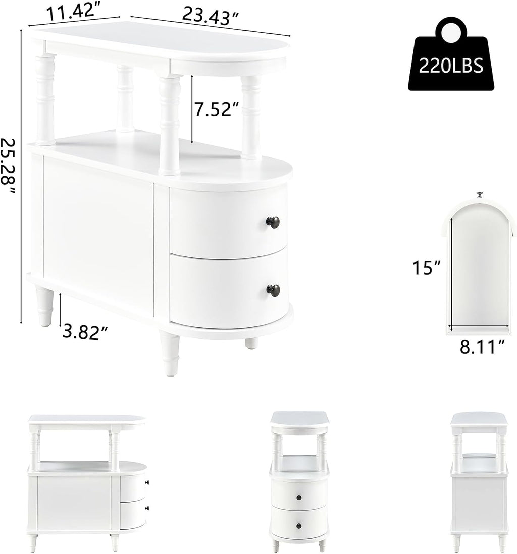 Set of 2 Wooden End Table with 2 Drawers & Storage Shelf, White | Narrow Sofa Side Table for Living Room, Slim Chair Side Table with Mid-Shelf, Vintage Small Nightstand Bedside Table for Home