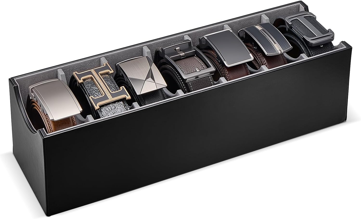 Lolalet 7 Compartments Belt Organizer, PU Leather Belt Storage with Soft Lining, Extra-Wide Slots for Men and Women, Fits Drawer, Closet & Entryway Cabinet -1 Pack, Black