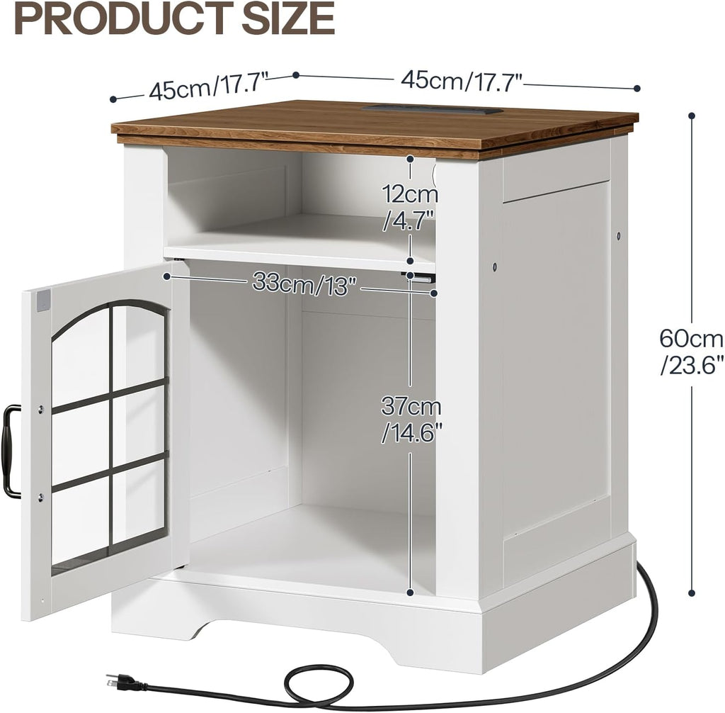 HOOBRO Farmhouse End Tables Set of 2 for Living Room, 17.7" Wide Nightstands with Charging Station, Wooden Sofa Side Tables with Tempered Glass Barn Door and Open Shelf, White and Walnut
