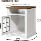 HOOBRO Farmhouse End Tables Set of 2 for Living Room, 17.7" Wide Nightstands with Charging Station, Wooden Sofa Side Tables with Tempered Glass Barn Door and Open Shelf, White and Walnut