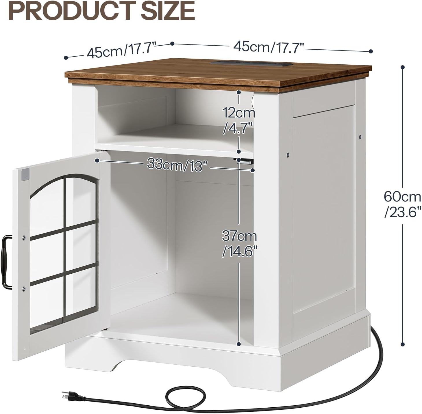 HOOBRO Farmhouse End Tables Set of 2 for Living Room, 17.7" Wide Nightstands with Charging Station, Wooden Sofa Side Tables with Tempered Glass Barn Door and Open Shelf, White and Walnut